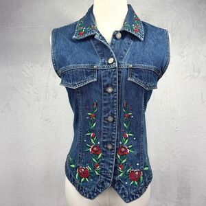 Vintage Embroidered Floral Denim Vest Festival Fairy Grunge Western Boho Size S